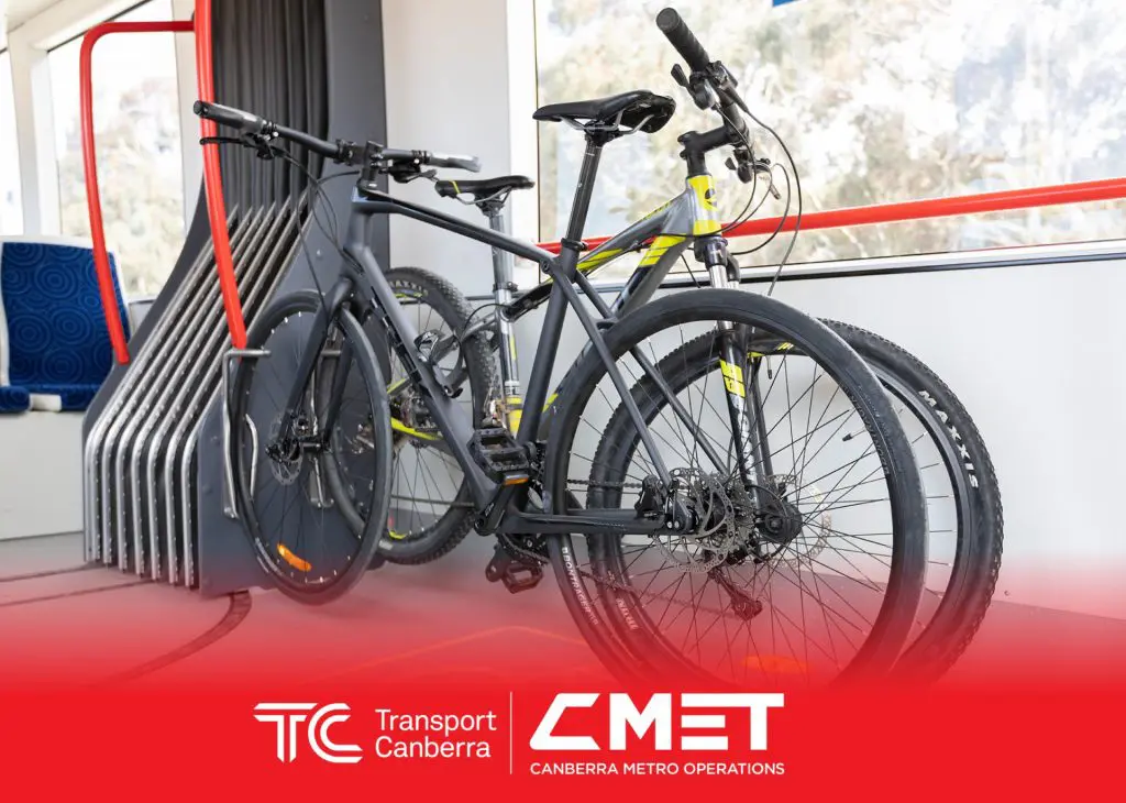 Bikes loaded at the bracket in the light rail