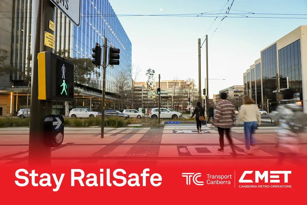 Pedestrians crossing the light rail tracks