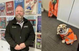 A side-by-side image showing an office setting. On the left, a person wearing a black Transport Canberra and CMET branded jacket stands in front of a display wall featuring colorful rail and workplace safety posters. On the right, an English bulldog sits on a carpeted office floor wearing a bright orange high-visibility safety vest. White storage cabinets and additional orange safety gear hanging nearby are visible in the background.