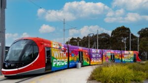 Light Rail Vehicle wrapped for Pride Month